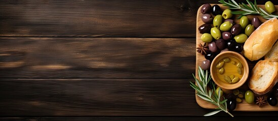 Aufkleber - top view of a dark wooden table with a wooden platter filled with green and black olives, olive oil,