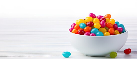 Poster - Vibrant jelly beans in a white bowl on a light wooden surface with ample negative space for text creation colorful candy arrangement top view