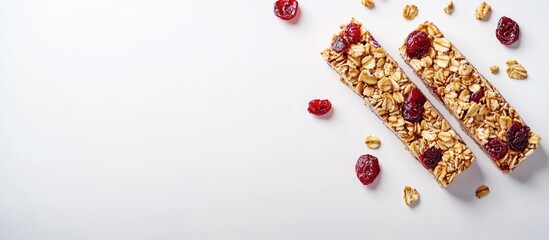 Poster - Granola energy bars with dried cranberries and nuts arranged on a clean white background with scattered cranberries and oats for a healthy snack.