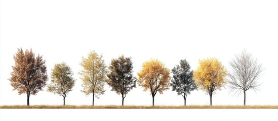 Fototapete - Seven seasonal trees in varying shades of autumn colors, lined up against a clean white background with a subtle grassy base.