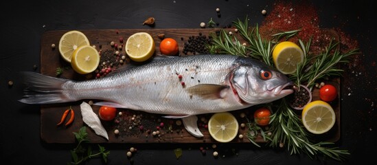 Aufkleber - Fresh whole fish on a wooden cutting board surrounded by lemon slices cherry tomatoes and herbs placed on a dark background with peppercorns