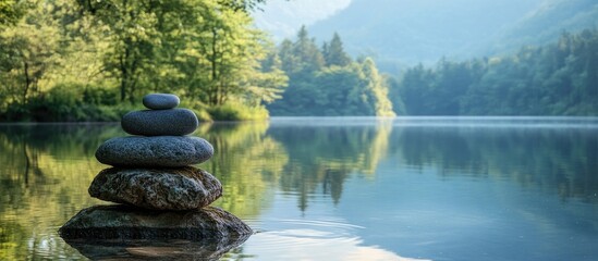 Poster - Serene lakeside meditation scene with stacked stones in the foreground, lush green trees reflecting in calm waters, surrounded by tranquil mountains.