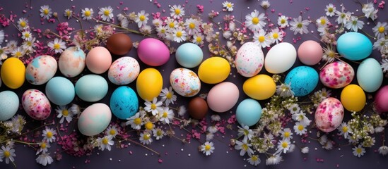 Poster - Colorful Easter eggs arranged with pastel hues of blue, pink, yellow, and lavender surrounded by delicate flowers on a dark background.
