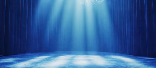 Poster - Three-dimensional blue backdrop with smooth gradients and radiant rays emanating from the top, creating an enchanting visual effect on the floor