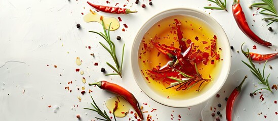 Poster - Chili spiced herbed oil in a white bowl surrounded by fresh red chili peppers and rosemary on a light surface creating an inviting culinary vibe