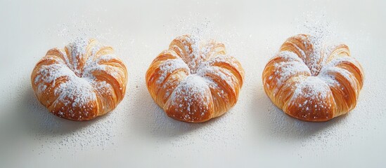 Poster - Golden brown croissants topped with powdered sugar arranged in a row on a white background highlighting their flaky texture and appeal