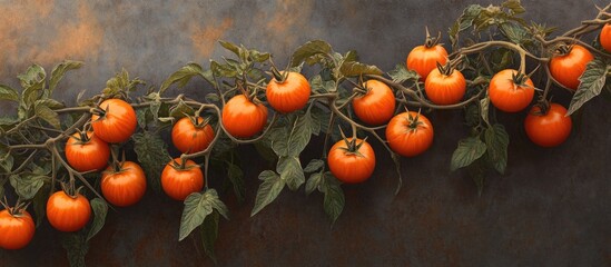 Poster - Vibrant orange tomatoes on vine with green leaves against a textured brown background arranged horizontally showcasing freshness and abundance