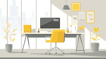 Poster - Modern office workspace with city view, ideal for productivity, use for design inspiration
