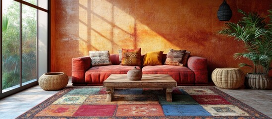 Poster - Cozy living room with traditional patchwork rug in vibrant colors on wooden floor, featuring a red sofa and decorative plants in the background.