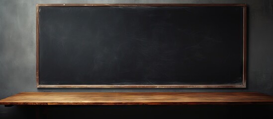 Poster - Rustic wooden desk in front of a large black chalkboard background with ample copy space for text and a sophisticated dark ambiance