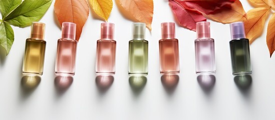 Poster - Brightly colored glass perfume bottles arranged in a row with soft shadows on a white background, surrounded by vibrant autumn leaves in orange and yellow.