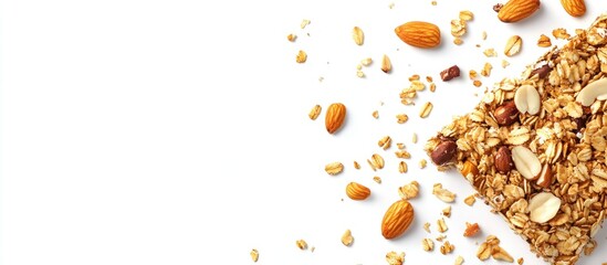 Poster - Nutrient-dense granola energy bar with a mix of nuts and oat flakes on a white background with scattered almonds and hazelnuts around it.