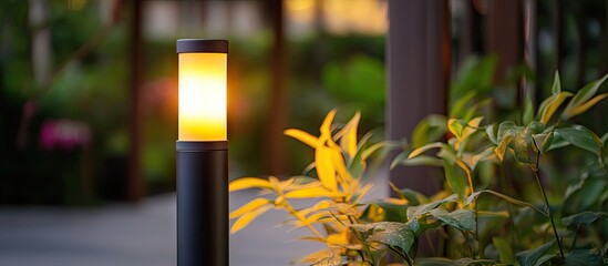 Aufkleber - Sleek modern patio light with integrated LED bulb illuminating warm yellow glow surrounded by lush green plants in soft evening light.