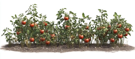 Poster - Lush green tomato plants with ripe red tomatoes growing abundantly in a garden setting against a white background showcasing urban gardening potential