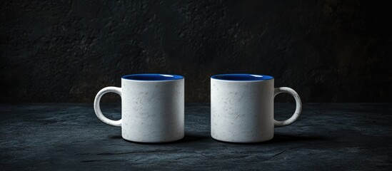 Poster - Two clean white mugs with blue rims positioned frontally on a dark textured surface, creating a minimalist and elegant coffee setup.