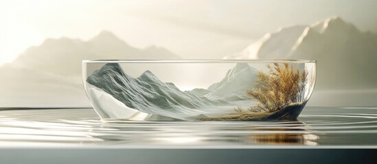 Aufkleber - Glass bowl with a mountain landscape inside, featuring earthy tones, positioned centrally with a soft light background and gentle ripples on water surface.