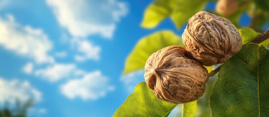 Poster - Walnut tree branch with ripe black walnuts on a bright blue sky background, featuring soft clouds and ample space for product placement.