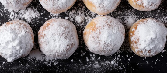 Aufkleber - Homemade cottage cheese doughnuts dusted with powdered sugar arranged in a row on a dark surface with ample negative space above.
