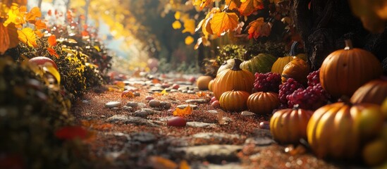 Fototapete - Autumn pathway adorned with vibrant orange pumpkins, colorful leaves in red and yellow, with a soft, inviting light illuminating the scene