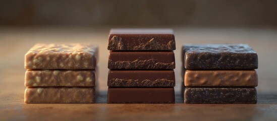 Aufkleber - Assorted Chocolate Bars with Distinct Layers and Textures in Warm Brown and Beige Tones, Displayed in Neat Stacks on a Wooden Surface