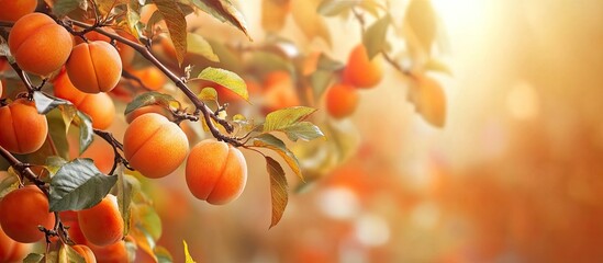 Leinwandbilder - Ripe persimmons hang on a branch with lush green leaves illuminated by warm sunlight creating a serene autumn atmosphere in soft orange shades.