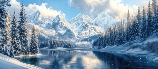 Aufkleber - Majestic winter landscape with snow-covered mountains in background, serene lake reflecting clouds and trees in foreground, vibrant blue sky.