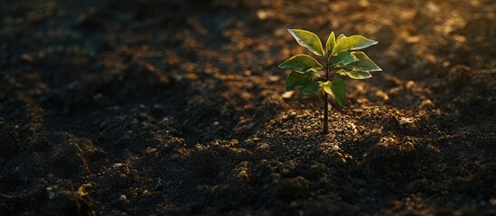 Aufkleber - New growth of a sapling emerging from rich dark soil highlighted by soft morning sunlight representing ecology and sustainable agriculture efforts.
