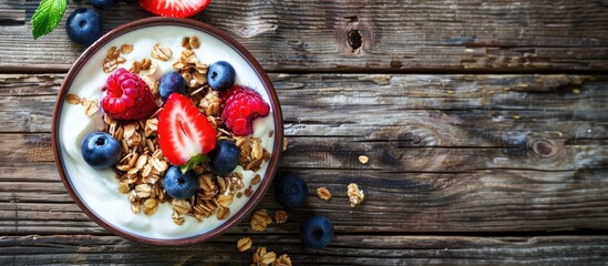 Poster - Top down view of a rustic wooden table featuring a bowl of yogurt topped with granola and fresh berries in vibrant red and blue colors.