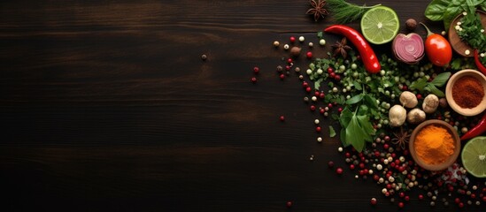 Poster - Colorful spices and fresh herbs on dark wooden table with copy space featuring green and red peppers, lime, and small bowls of spices arranged artistically