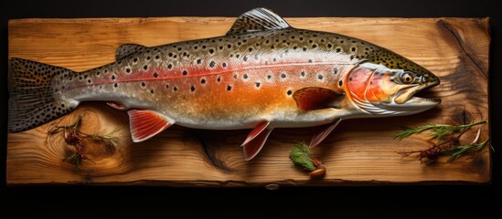 Aufkleber - Freshly caught rainbow trout elegantly positioned on a rustic wooden board with lush green herbs and a dark background highlighting its vibrant colors.