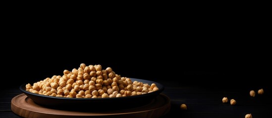 Poster - Dried chickpeas arranged in a black plate on a dark background with scattered chickpeas in the foreground showcasing unhealthy diet concept