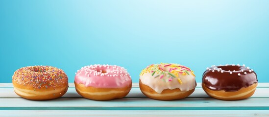 Poster - Glazed donuts in pink, chocolate, and white icing topped with sprinkles on a light blue wooden table with ample copy space for text