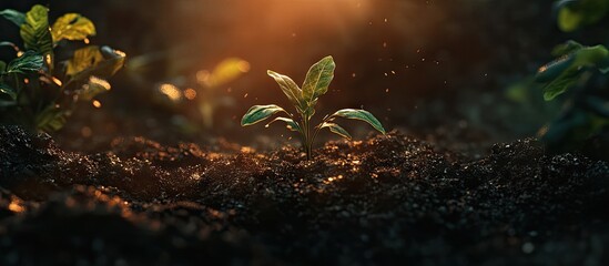Aufkleber - Seedling emerging from dark rich soil under warm morning sunlight with soft focus on surrounding healthy greenery showcasing ecological growth.