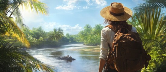 Aufkleber - Woman with backpack and straw hat gazing at a tropical river surrounded by lush greenery under a bright blue sky on a sunny day.