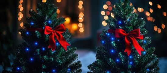 Poster - Two classic green Christmas trees adorned with red bows and blue lights against a dark background creating a festive holiday atmosphere