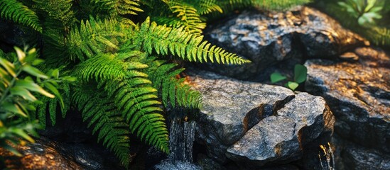 Leinwandbilder - Vibrant green ferns contrasting with dark textured stones in a serene natural setting showcasing harmony and tranquility in a lush landscape