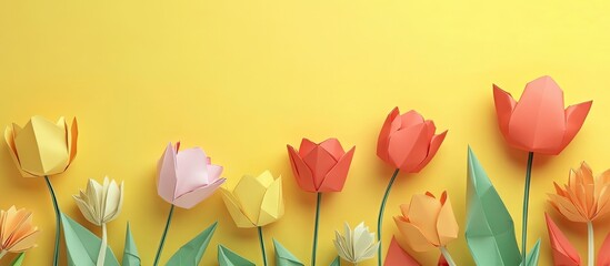 Aufkleber - Colorful origami tulips in various shades of pink, yellow, red, and orange arranged on vibrant yellow background with green leaves positioned below.