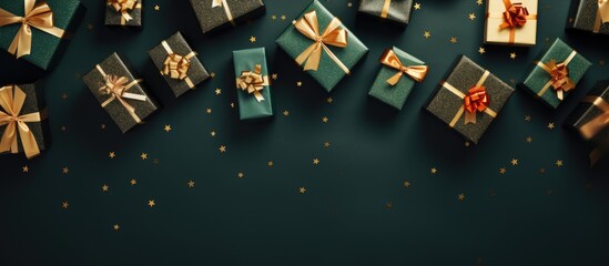 Poster - Colorful stacked Christmas gift boxes in varying sizes on a dark green background with gold and red bows providing ample empty space for design elements