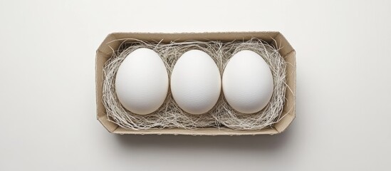Poster - Three white eggs nestled in a beige cardboard tray on a clean white backdrop accentuating their smooth texture and simplicity.