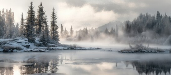 Poster - Tranquil winter landscape with gray fog enveloping a forested area and reflections on the calm water creating a serene ambiance in muted hues