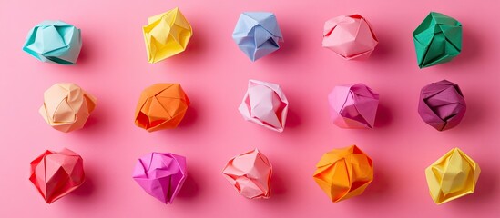 Poster - Colorful handmade origami ice cream cones arranged in rows on a vibrant pink background showcasing a variety of pastel and bright colors.