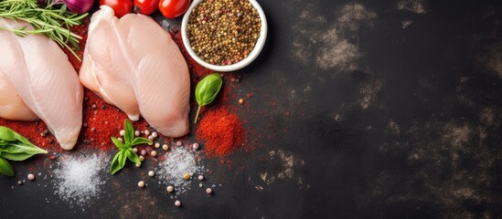 Aufkleber - Raw chicken breasts on a dark textured background surrounded by spices salt herbs and fresh vegetables creating a vibrant cooking scene