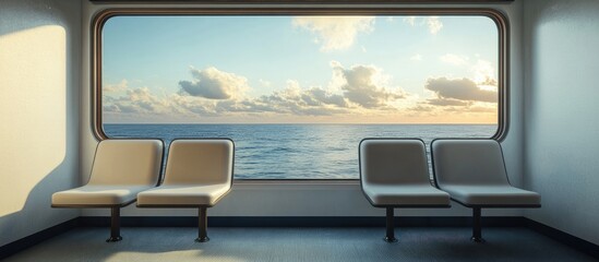 Poster - Two empty seats facing a large ocean window under soft evening light with a calm sea and scattered clouds creating a serene travel scene.