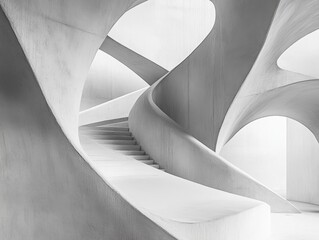 Poster - architectural curves: a striking monochrome perspective of a modern staircase, showcasing a fluid an