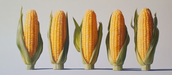 Poster - Five vibrant yellow ears of corn arranged in a row against a soft white backdrop, showcasing their shape and texture through contrasting colors.