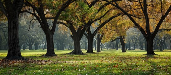 Leinwandbilder - Serene park landscape featuring tall trees with sprawling branches and golden autumn foliage, providing ample copy space on a green lawn.