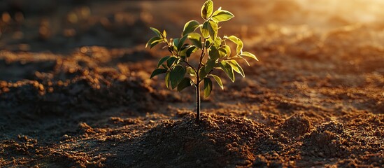 Aufkleber - Sapling emerging from rich dark soil under soft golden morning light showcasing growth, ecology, and sustainable agriculture principles.