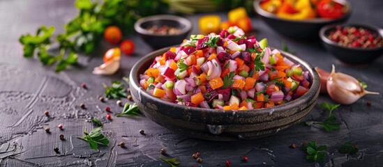 Aufkleber - Colorful fresh vegetable salad in a rustic gray bowl, surrounded by vibrant chopped herbs and various small bowls of ingredients, on a textured surface.