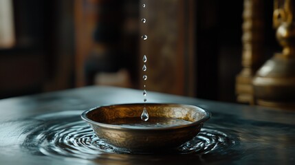 Poster - High-speed capture of a water droplet falling into a silver bowl, creating ripples of Songkran tradition.