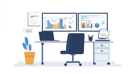 Poster - Modern office workspace with multiple monitors displaying data. Possible use Stock photo for business presentations